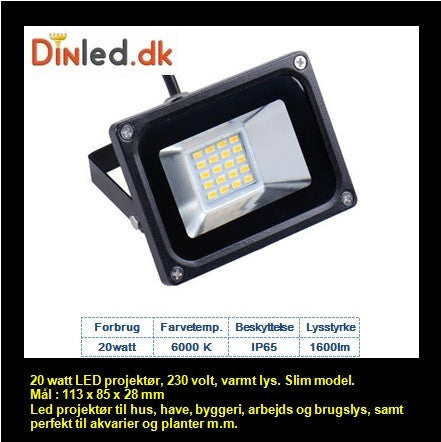 LED slim projektør 20 watt - SLUTSALG