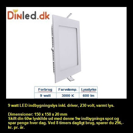 LED Indbygningslys 9w 220v, varmt lys - LAGER RYDNING
