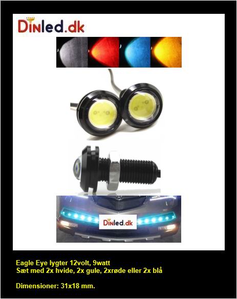 Eagle Eye LED lampe, 12volt, 9watt. Sæt med 2 stk.