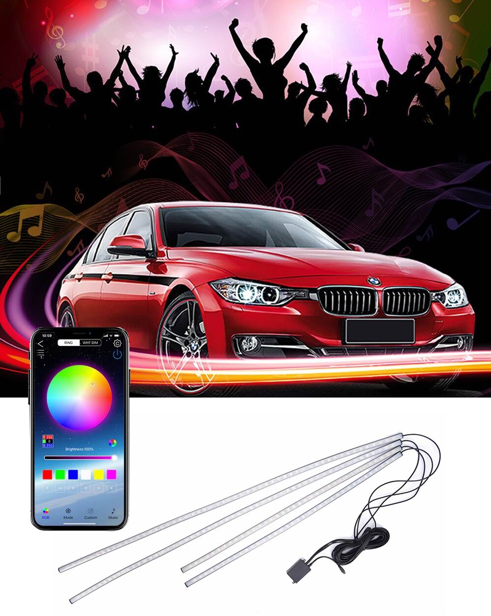 Ambient multicolor LED lys til montering under bilen - med APP styring - 90x120cm