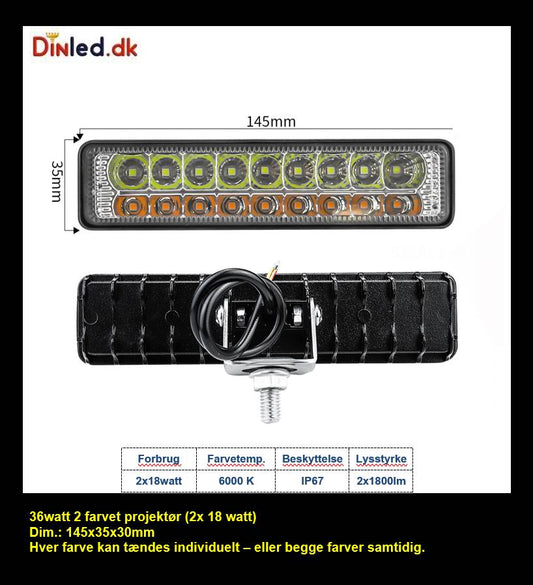 LED køretøjs projektør 36 watt (2x18 watt) 12/24/48 volt - 2 farvet