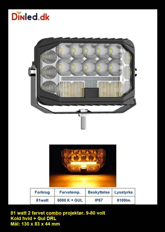 LED projektør Combo 81 watt med DRL, 10-80v