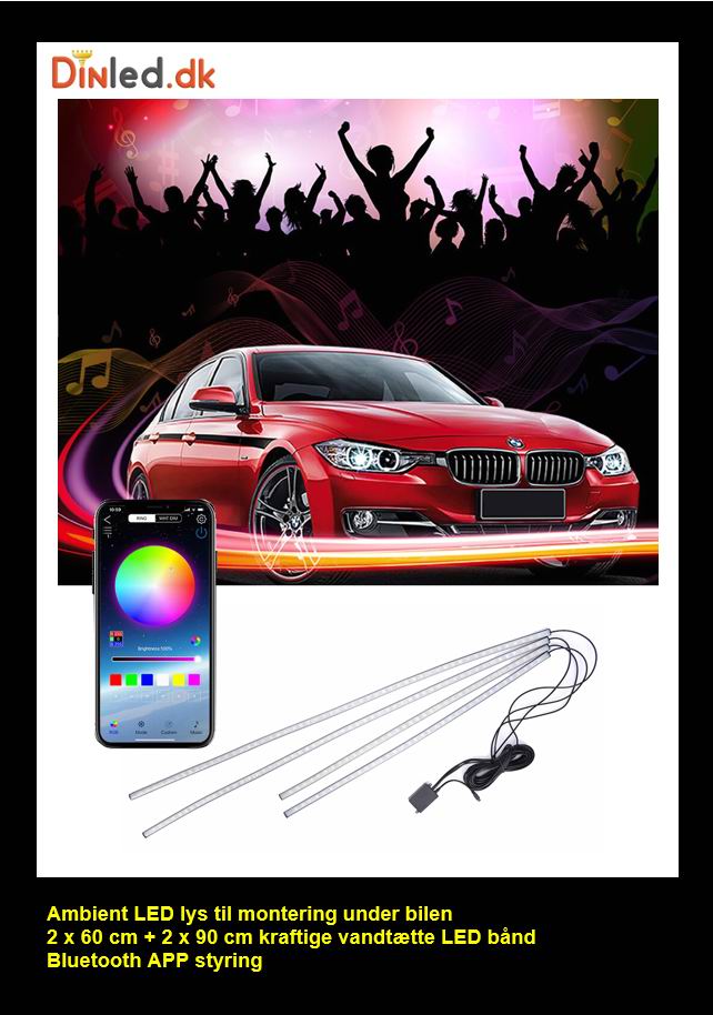 Ambient multicolor LED lys til montering under bilen - med APP styring - 60x90 cm
