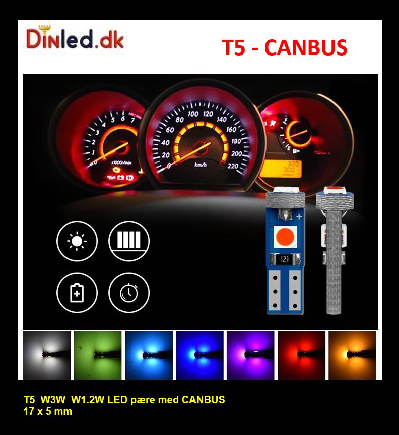 T5 W3W CANBUS LED  pære  - sæt med  2 stk., 12v