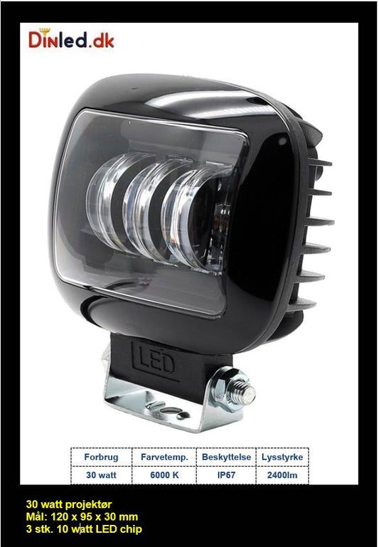 LED køretøjs projektør 30 watt 12/24 volt - Square