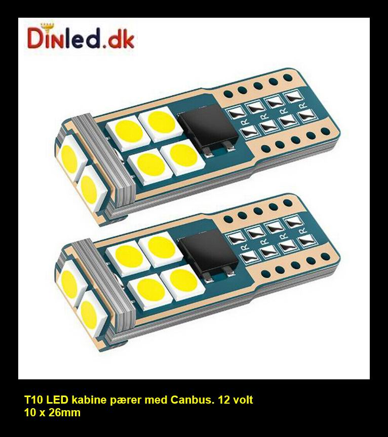 T10 W5W CANBUS LED  pære  - sæt med  2 stk. - 12v